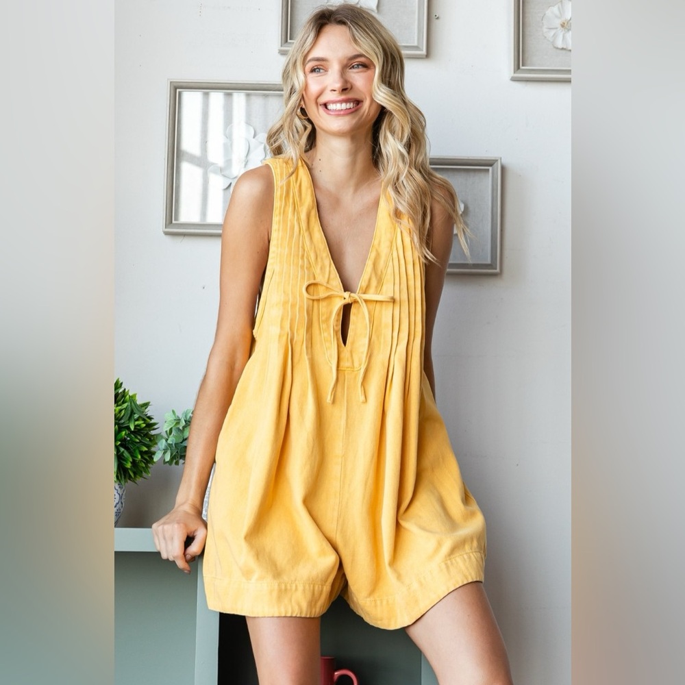 V-neck Puff Sleeve Denim Short Romper #1544 Yellow